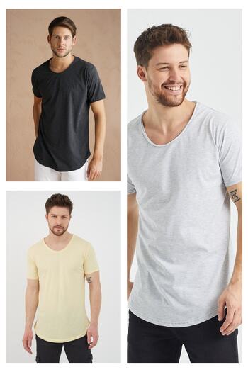Tarz Cool Gray-anthracite-moonlight Yellow Men's Basic Slim 3-pack Short Sleeve 100% Cotton T-shirt