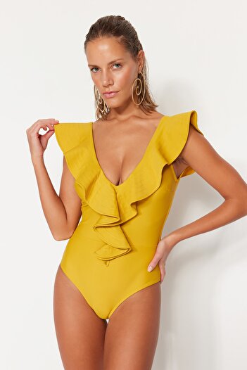 Trendyol Collection Mustard V-Neck Flounce Swimsuit TBESS20MA0379