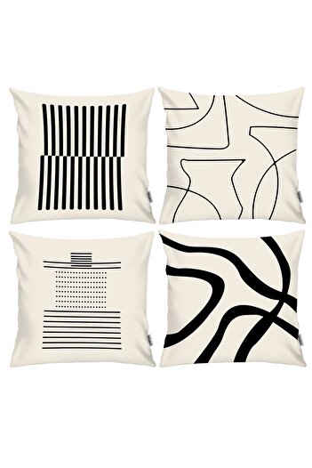 RİTMOHOME Scandinavian, Cozy, Bohemian, Modern Double Sided Printed 4-Piece Throw Pillow Cover Cream, Black