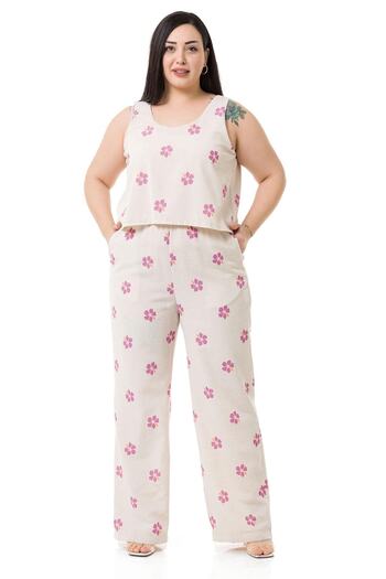 DISENTIS MODEST Large Size Thick Strap Zippered Pink Floral Women's Jumpsuit with Elastic Waist