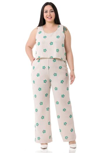 DISENTIS MODEST Large Size Thick Strap Zippered Elastic Waist Green Floral Women's Jumpsuit