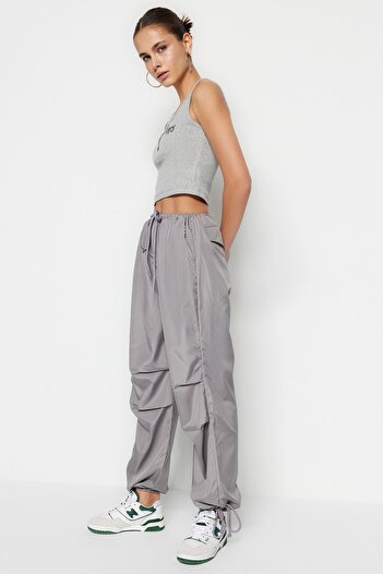 Trendyol Collection Gray Belted Woven Parachute High Waist Woven Trousers TWOSS23PL00317
