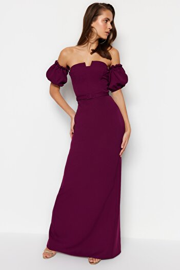 Trendyol Collection Μακρύ βραδινό φόρεμα με ζώνη δαμασκηνί TPRSS23AE00091