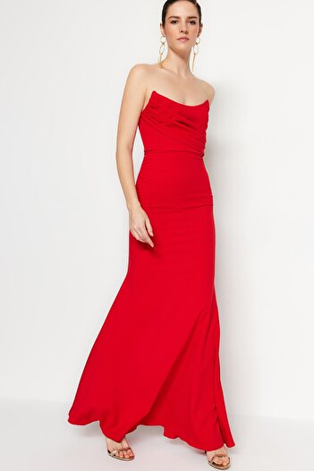 Trendyol Collection Piros gallér részletes szőtt hosszú elegáns estélyi ruha éjszakai ballagási ruha TPRSS21AE0121