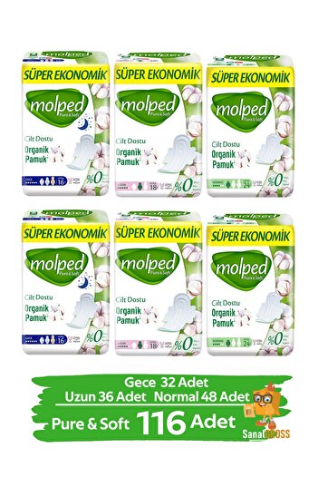 Molped Pure & Soft Sanitary Pad - Night+Long+Normal 6 Pack