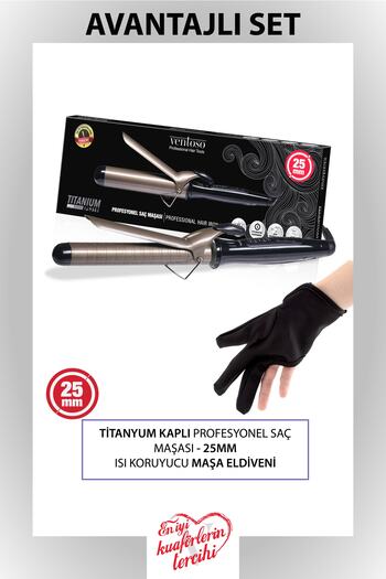 Ventoso Titanium Coated Professional Curling Iron 25mm And Heat Resistant Curling Gloves