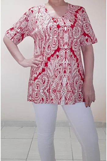 Mertcan Butik Gathered Front Red Patterned Combed Cotton Viscose T-Shirt