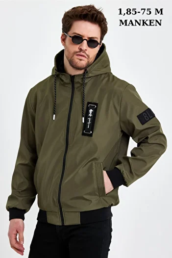 Rompasso Men's Khaki Print Detail Embroidered Water Repellent Seasonal Spring Jacket Coat