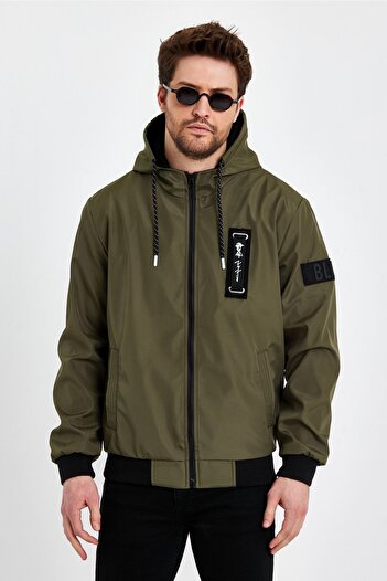 Rompasso Men's Khaki Print Detail Embroidered Water Repellent Seasonal Spring Jacket Coat