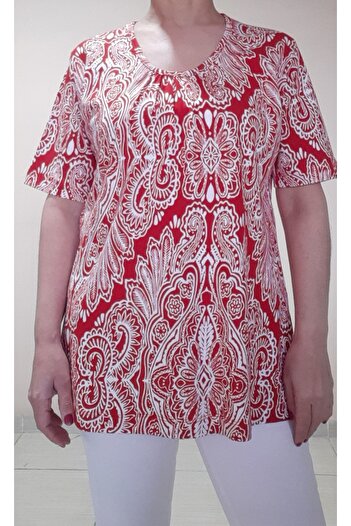 Mertcan Butik Gathered Front Red Patterned Combed Cotton Viscose T-Shirt