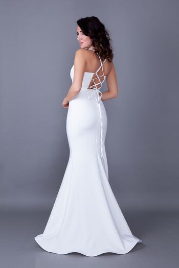 lovebox Women's Flexible Atlas Fabric, Low-cut Back and Tie Detailed Strap White Maxi Dress 349