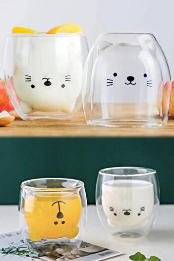 Tilbe Home Çift Camlı Cidarlı Sevimli Ayıcık Süt Çay Kahve Su Kupa Bardağı 250ml Ev Ofis Isı Yalıtımlı Bardak