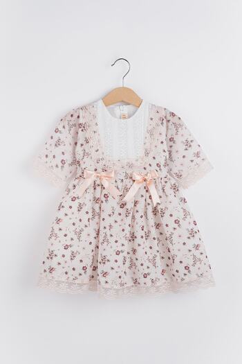 Banamio Floral Patterned Lace Detailed Bow Cotton Lined Chiffon Girl's Dress