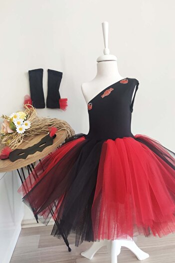 Shecco Babba Black One Shoulder Halloween Girl's Dress Set of 3, Birthday Dress, Halloween Dress