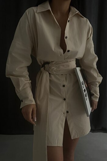 lovebox Women's Beige Belted Shirt Dress 23s18009