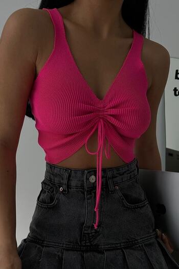 lovebox Women's Fuchsia Front Gather Detailed Crop Blouse 23s24004