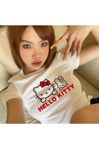 Touz Hello Kitty - Λευκό Crop Top με κόκκινη στάμπα