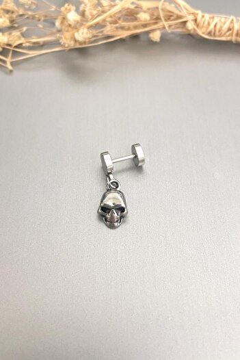 Jaida Moda Unisex Silver Gothic Skull Figured Dangle Steel Earrings