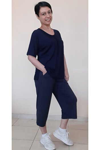 Mertcan Butik Navy Blue Collar Gathered Capri Size Pocket Combed Cotton Viscose Casual Pajamas Set