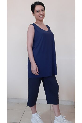 Mertcan Butik Navy Blue Strap T-Shirt Capri Size Pocket Combed Cotton Viscose Casual Pajama Set