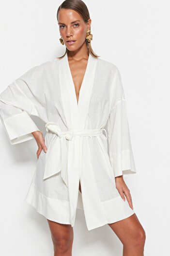 Trendyol Collection White Belted Mini Woven 100% Cotton Kimono&Kaftan TBESS23KM00080