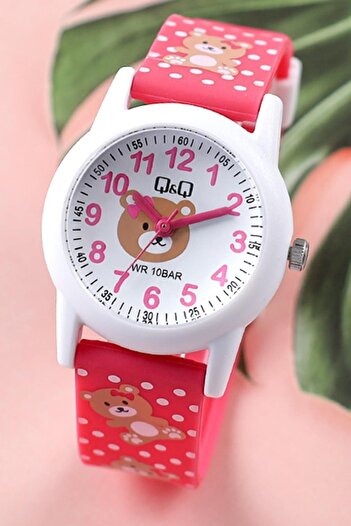 Q&Q Bd6240j13 Bear Patterned Polka Dot Cord Girl's 10 Atm Waterproof Wristwatch