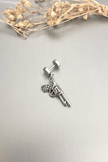 Jaida Moda Unisex Silver Gothic Pistol Figured Dangle Steel Earrings