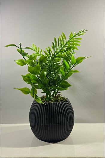 BYSHOME Yapay Çiçek Gri Saksıda Yeşil Garnitürlü Dekoratif Masa Ve Raf Çiçeği 19 Cm