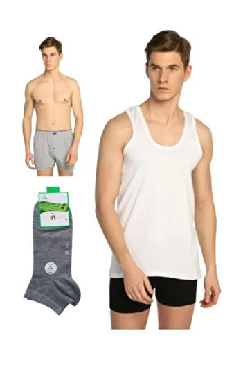 Tutku Men's Combed Cotton Undershirt Towel Waist Boxer Dündar Socks Underwear Set
