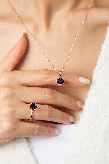 Elika Silver Women's Rose Navy Zircon Stone Lotus Flower Model Suit Set