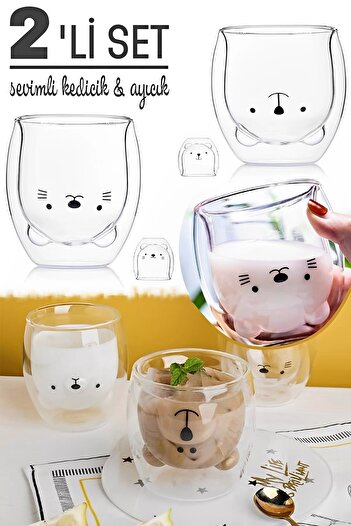 Tilbe Home Çift Camlı Cidarlı Sevimli Ayıcık Süt Çay Kahve Su Kupa Bardağı 250ml Ev Ofis Isı Yalıtımlı Bardak