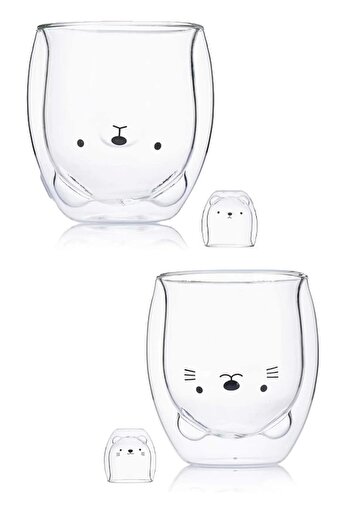 Tilbe Home Çift Camlı Cidarlı Sevimli Ayıcık Süt Çay Kahve Su Kupa Bardağı 250ml Ev Ofis Isı Yalıtımlı Bardak