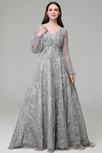 Tiara Women's Balloon Sleeve V-Neck Evening Dress260144 Blue Granite