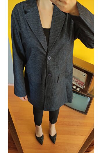 DESEO BOUTIQUE Women's Dark Navy Blue Color Denim Blazer Jacket