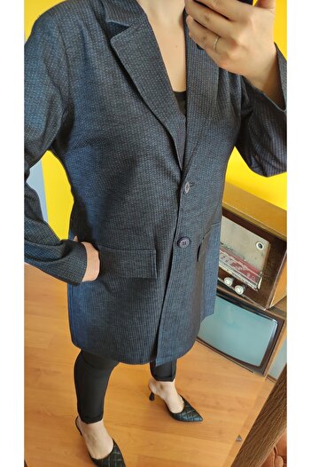 DESEO BOUTIQUE Women's Dark Navy Blue Color Denim Blazer Jacket
