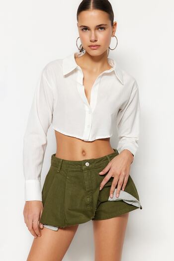 Trendyol Collection Mini khaki džínové šortky sukně – plisovaná, Twoss22Sr00164