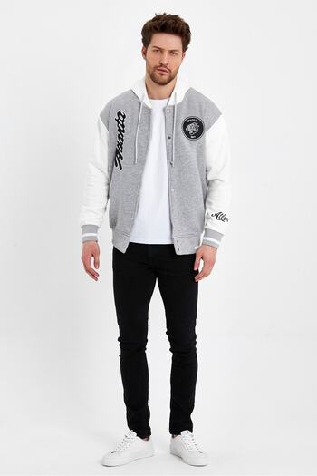 Tarz Cool Men's Gray Embroidered Hooded College Jacket
