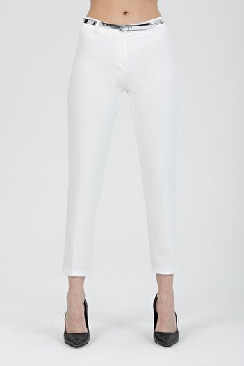 MD trend Women's White Belted Classic Fabric Trousers