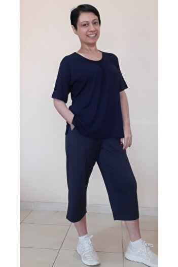 Mertcan Butik Navy Blue Collar Gathered Capri Size Pocket Combed Cotton Viscose Casual Pajamas Set