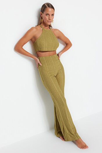 Trendyol Collection Khaki Knitted Textured Crop Blouse Pants Beach Suit Tbess23Au00038
