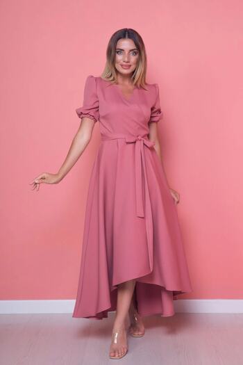 vuvutasarım Women's Flexible Atlas Fabric Sash Detailed Asymmetrical Cut Double Breasted Collar Dusty Rose Evening Dress 410