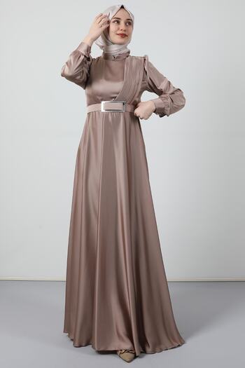 Giza Giyim Front Pleated Hijab Evening Dress Open Mink