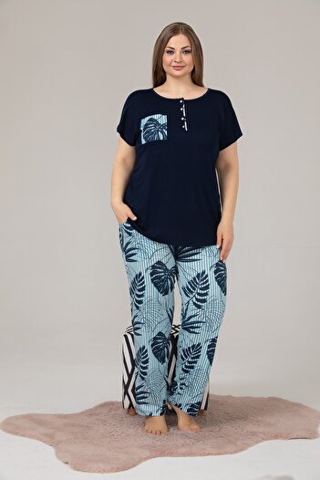 Yenimodam Blue - Navy Blue Color and Flower Patterned Lady-10860 Women's Short Sleeve Large Size Pajama Set