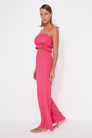 Trendyol Collection Pink Woven Ruffle Blouse Pants Set