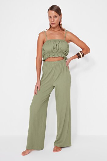 Trendyol Collection Green Woven Ruffle Blouse Pants Set TBESS23AU00113