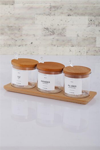 ANJEAHOME Beja 3-Piece Mica Spice Bowl with Wooden Stand and Wooden Cover (WITH SPOON) 9x28x10 Cm
