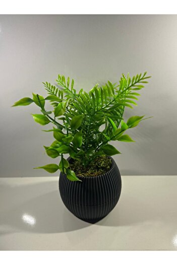BYSHOME Yapay Çiçek Gri Saksıda Yeşil Garnitürlü Dekoratif Masa Ve Raf Çiçeği 19 Cm