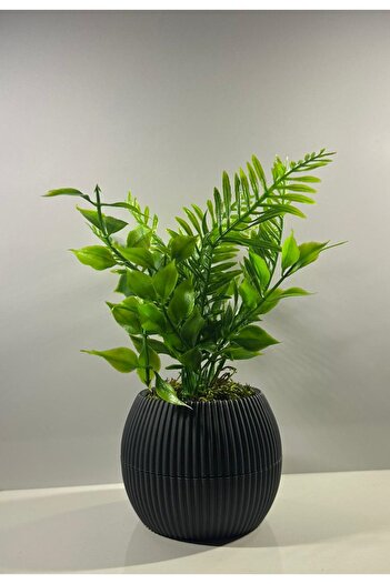 BYSHOME Yapay Çiçek Gri Saksıda Yeşil Garnitürlü Dekoratif Masa Ve Raf Çiçeği 19 Cm