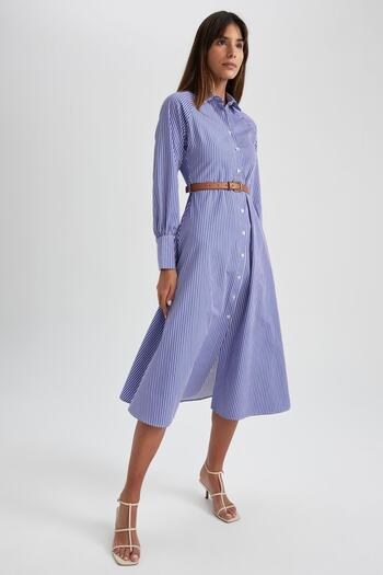 DeFacto Rochie maxi, 100% bumbac, cu guler de cămașă, cu mâneci raglan în dungi