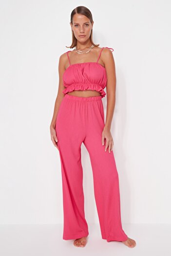 Trendyol Collection Pink Woven Ruffle Blouse Pants Set
